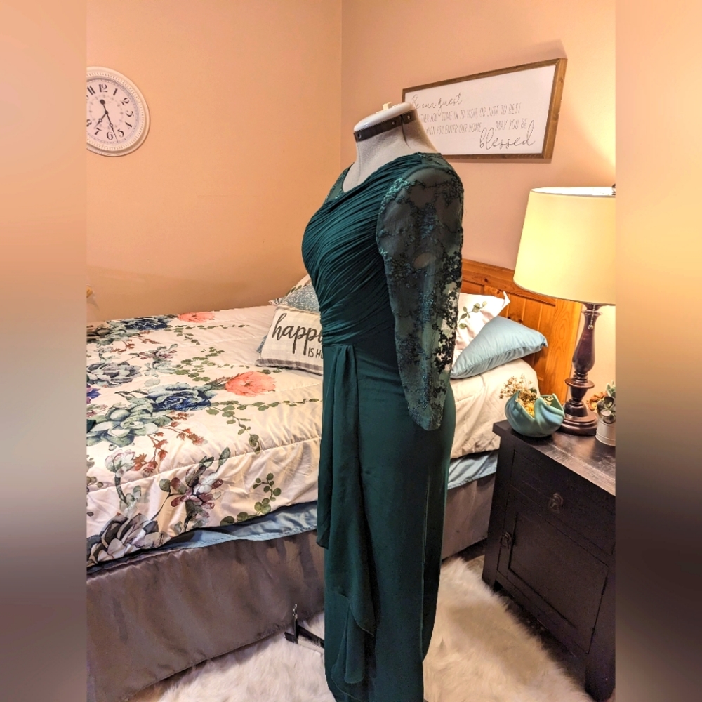 Green asymmetrical sheer and lace formal or bridesmaid dress